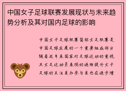 中国女子足球联赛发展现状与未来趋势分析及其对国内足球的影响