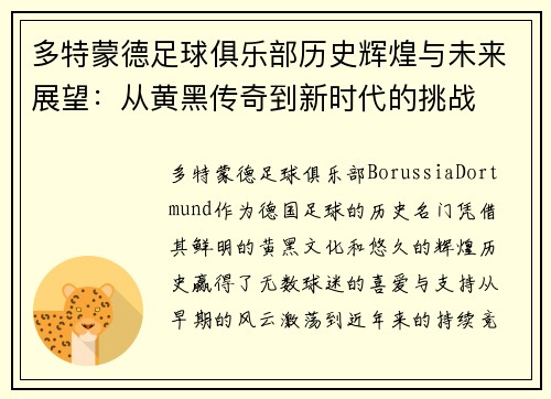 多特蒙德足球俱乐部历史辉煌与未来展望：从黄黑传奇到新时代的挑战