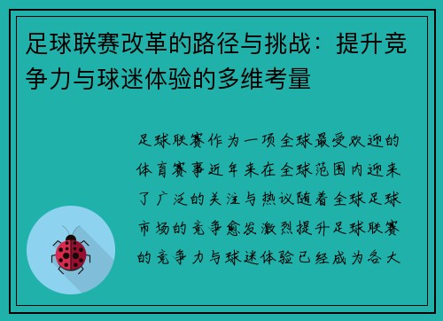 足球联赛改革的路径与挑战：提升竞争力与球迷体验的多维考量