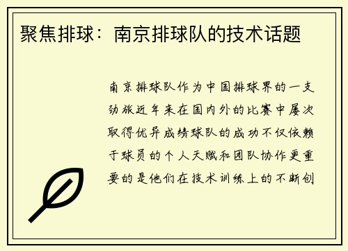 聚焦排球：南京排球队的技术话题