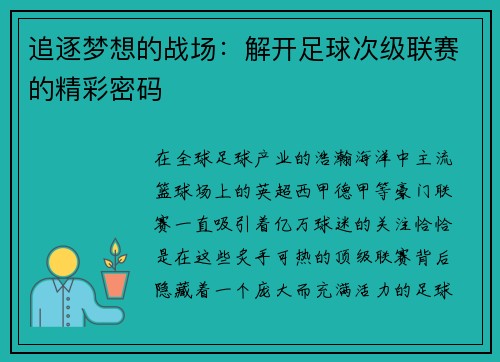 追逐梦想的战场：解开足球次级联赛的精彩密码