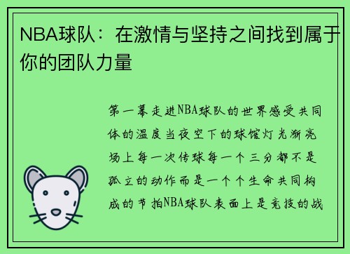 NBA球队：在激情与坚持之间找到属于你的团队力量