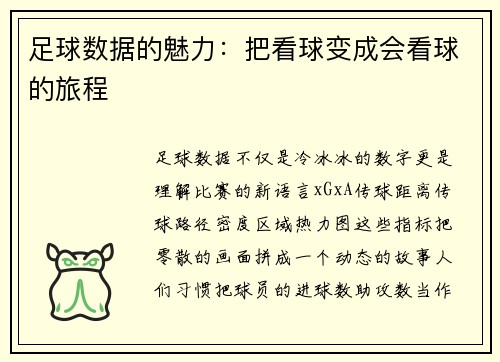 足球数据的魅力：把看球变成会看球的旅程